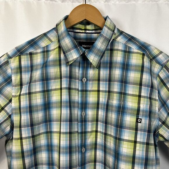 Marmot For Life Mens Gorpcore Button Up Short Sleeve Size L Blue Green Plaid - Picture 2 of 14